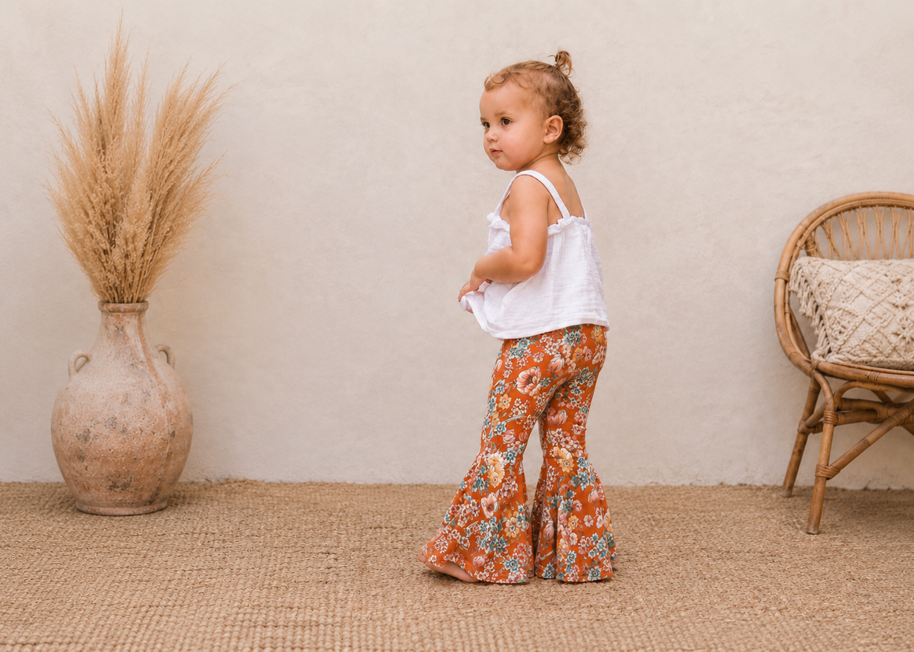 Child wearing a white top and floral pants standing in a room with a vase and chair.